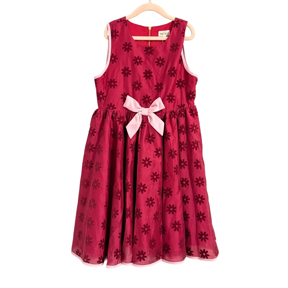 Finding Foxtale Floral Dress Girls 10 Magenta Pink Velvet Flocked Bow Sleeveless